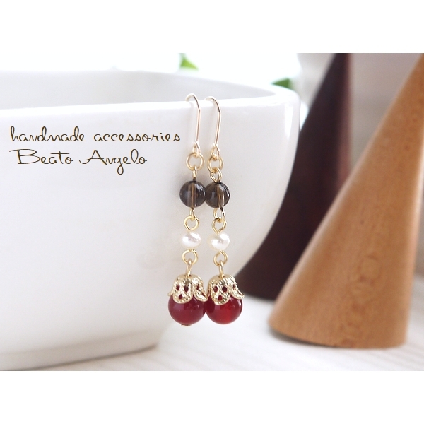 ■+angelo+天然石赤メノウとスモーキークォーツのピアス(p-064)G ns003 レッド チタン 樹脂 イヤリング拍卖