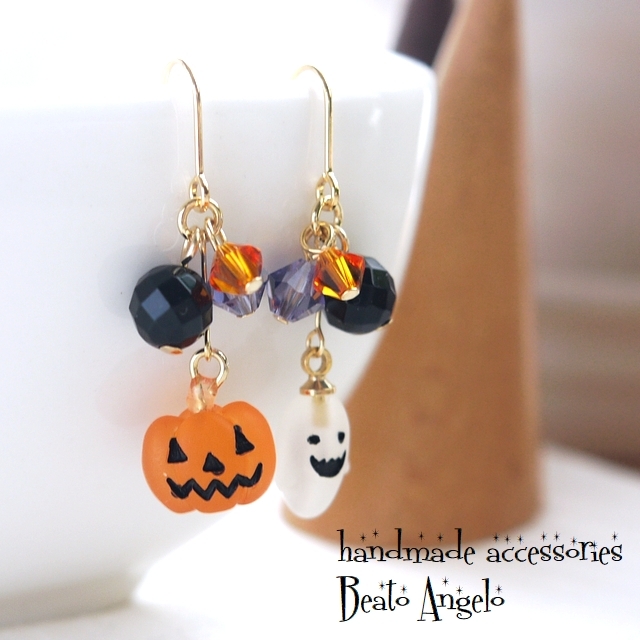 ■+angelo+かぼちゃとおばけのハロウィンピアス(p-008)G オニキス スワロフスキー拍卖