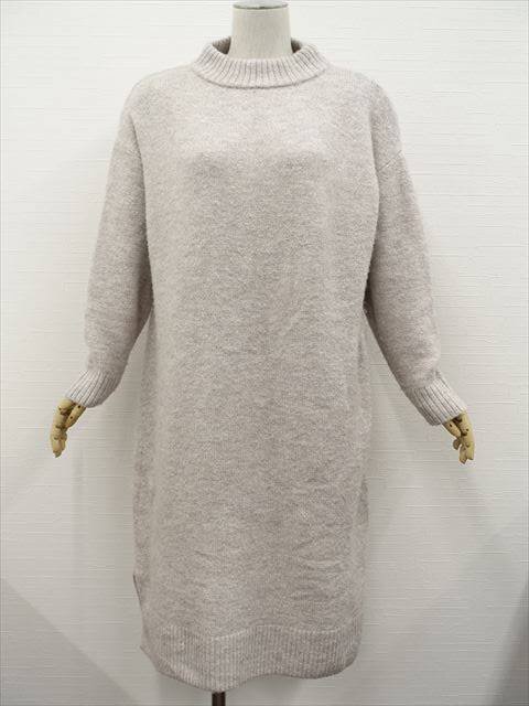 美品 グローブ grove 洗える ロング丈 長袖 ハイネック ニットワンピース M ピンクベージュ×アイボリーシルバーラメ入り拍卖