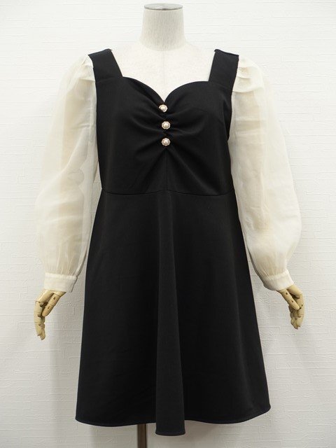 美品 Mushini ひざ丈 パフスリーブ 長袖 デザインネック シフォンフェイクレイヤードワンピース ブラック×ホワイト拍卖