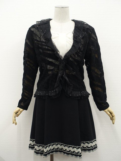 美品 L'EST ROSE等 長袖カーディガン+半袖ひざ丈ドッキングワンピース コーディネート2点セット M相当 黒/白&黒 花刺繍 フェミニン系 20代拍卖