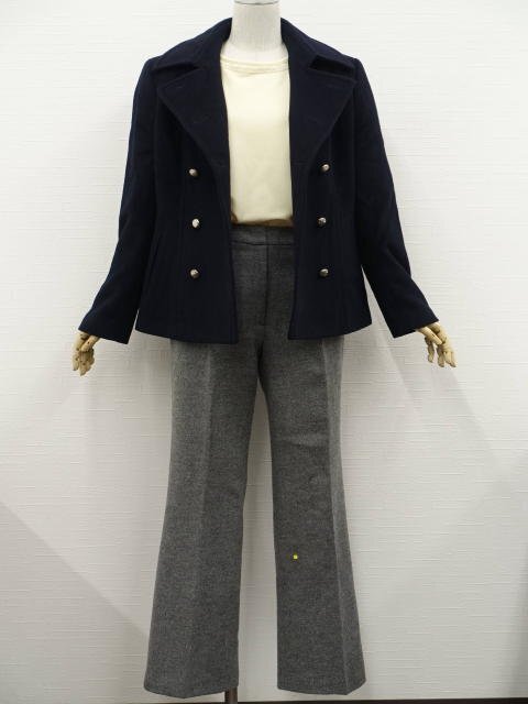 美品 22 OCTOBRE等 長袖 Pコート+長袖 カットソー+スラックス コーディネート上下3点セット L相当 紺/クリーム/グレー杢 きれいめ系 20代拍卖