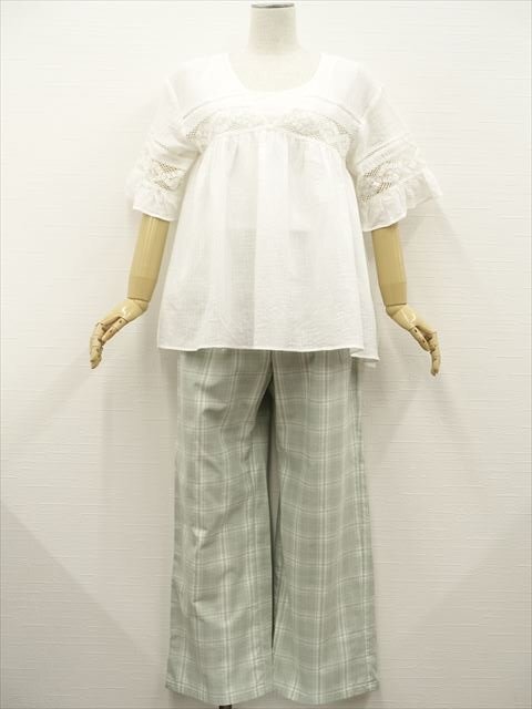 美品 NICE CLAUP&GU等 洗える ブラウス+カットソー+パンツ コーデ3点セット L相当 白系/白 ドット/緑系×白 チェック ナチュラル系 20代拍卖