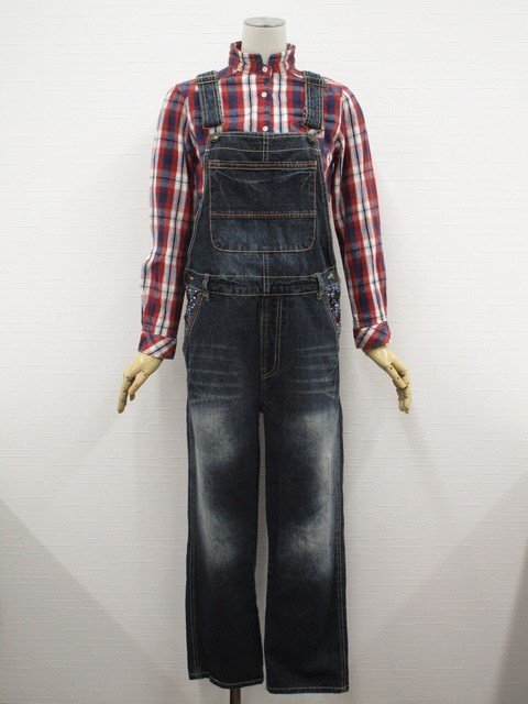 美品 AVAIL Jean等 長袖シャツ+デニムオーバーオール コーディネート2点セット M相当 白×赤×紺 チェック/青&水玉柄 カジュアル系 20代拍卖