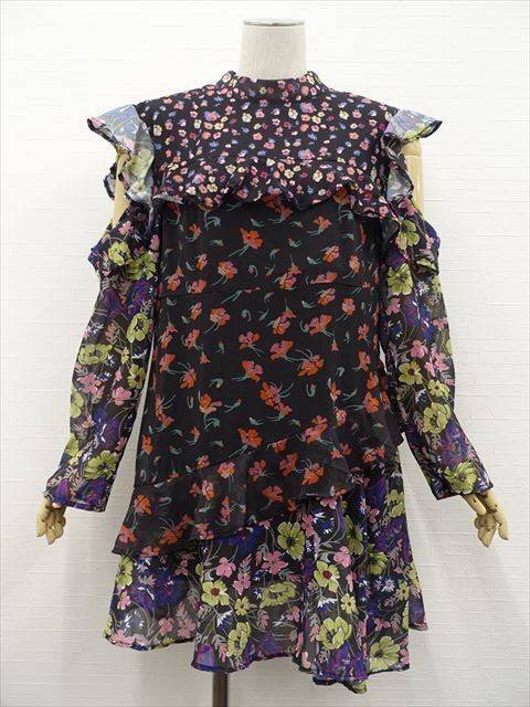 大きいサイズ 訳あり未使用品 Azbro ひざ丈長袖 スタンドカラーシフォンワンピース XXL 黒地 花柄 【メール便可】拍卖