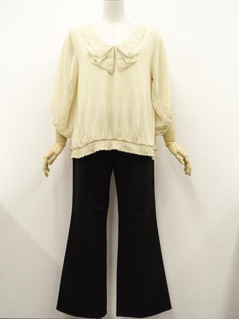 美品 RAPICHE等 七分袖POブラウス+ストレートパンツ コーディネート2点セット L相当 アイボリー/黒 フェミニン・シンプル系 20代~拍卖
