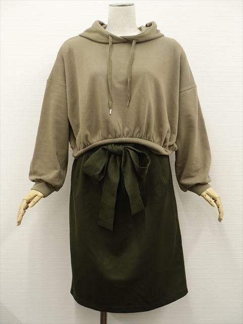 美品 Riche glamour&KOBE LETTUCE 洗える 長袖パーカー+タックスカート コーディネート2点セット M相当 カーキ/緑 きれいめ系 30代~40代拍卖
