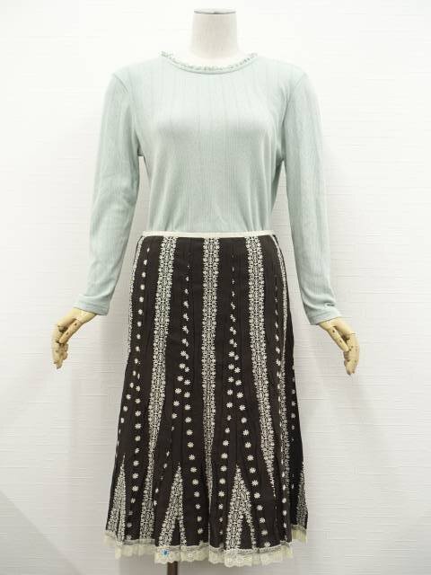 美品 CINEMA CLUB&自由区 洗える カットソー+マーメイドスカート コーディネート2点セット L相当 緑系/茶地 白系 花柄 フェミニン系 20代拍卖