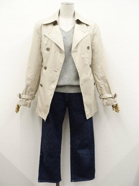 美品 UNIQLO等 コート+カットソー+クロップドデニムパンツ コーディネート上下3点セット L相当 ベージュ/グレー×白/青 カジュアル系 30代拍卖