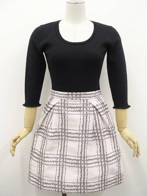 美品 JILL STUART等 七分袖セーター+台形タックスカート コーディネート上下2点セット S相当 黒 ラメ/ピンク系 千鳥格子 フェミニン系 20代拍卖
