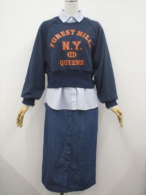 美品 Ray Cassin等 洗える トレーナー+シャツ+スカート コーデ3点セット M相当 紺地オレンジ英字/白青ストライプ/青 カジュアル系 30~40代拍卖