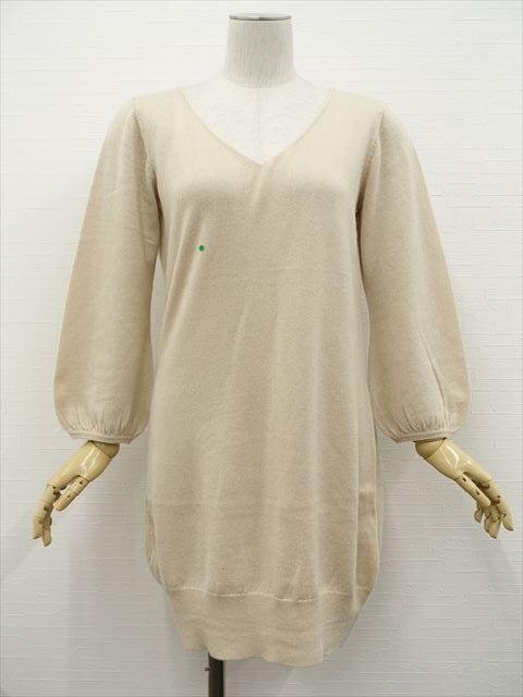 美品 フラジール FRAGILE ひざ丈 パフスリーブ 長袖 Vネック ニットワンピース 38 ベージュ シルバーラメ入り 【メール便可】拍卖