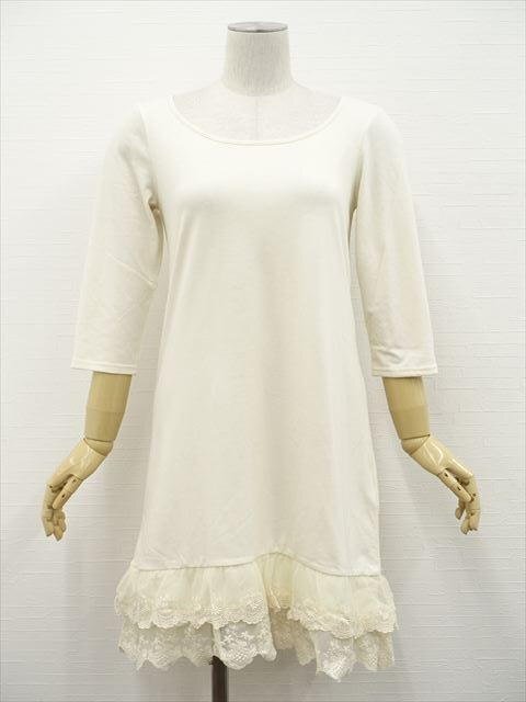 新品タグ付 ニッセン Nissen style 洗える ひざ丈 七分袖 ラウンドネック ワンピース S アイボリー 【メール便可】拍卖