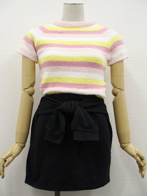 美品 FOREVER21等 半袖 セーター+ミニ丈 台形スカート コーディネート上下2点セット M相当 ピンク×白×黄 ボーダー/黒 カジュアル系 20代拍卖