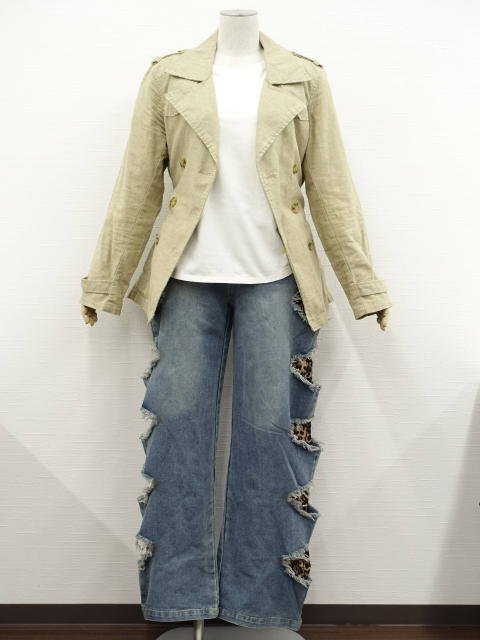 美品 UNIQLO等 長袖 コート+長袖 カットソー+デニムパンツ コーディネート3点セット M相当 ベージュ/白系/青×アニマル マニッシュ系 20代拍卖