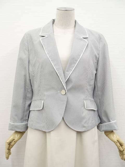 美品 アッドルージュ Add Rouge 長袖 洗えるテーラードジャケット 13AR ブルーグレー×ホワイト ピンストライプ柄拍卖