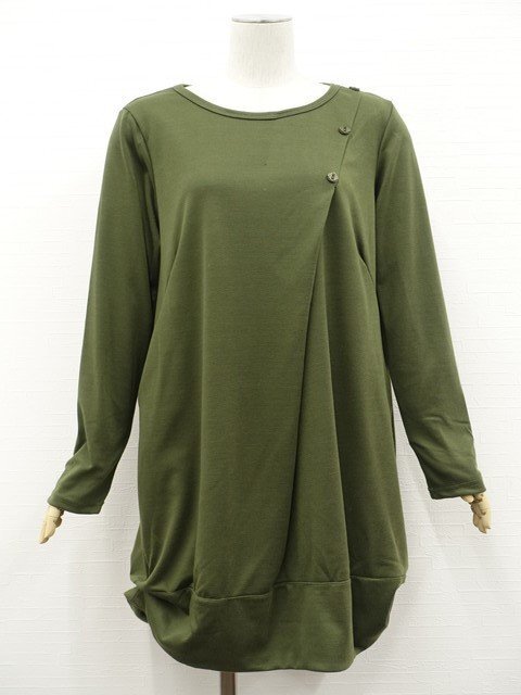 美品 ネバーエンディングランド 003 NEVER ENDING LAND 洗えるひざ丈 長袖 ラウンドネック チュニックワンピース M グリーンカーキ拍卖