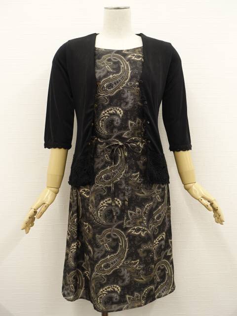 美品 Lois CRAYON等 七分袖カーディガン+膝丈ノースリーブワンピース コーデ2点セット M相当 黒/黒系 草木柄 フェミニン系 30代~拍卖