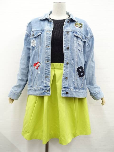 美品 GU等 長袖Gジャン+半袖ニットカットソー+膝丈タックフレアスカート コーデ3点セット M相当 青系/黒/黄系 カジュアル系 30代・40代拍卖