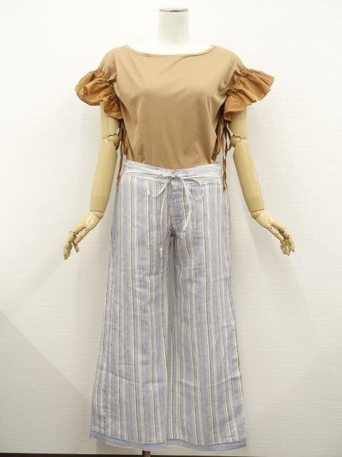 美品 BEAUTE DE OPAQUE等 洗える カットソー+パンツ コーディネート上下2点セット M相当 茶/水色×茶×白系 ストライプ フェミニン系 20代拍卖