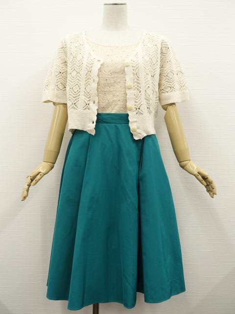 美品 Te chichi等 レースカーディガン+カットソー+膝丈ボックスプリーツスカート コーデ3点セット M相当 ベージュ/緑 フェミニン系 20代拍卖