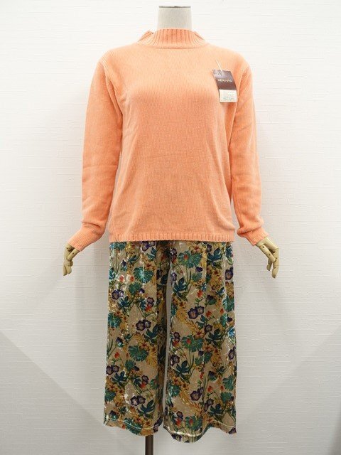 新品タグ付 RAY CASSIN等 長袖カットソー+ワイドパンツ コーディネート2点セット M オレンジ/アイボリー地 系 草木柄 カジュアル系 20代拍卖
