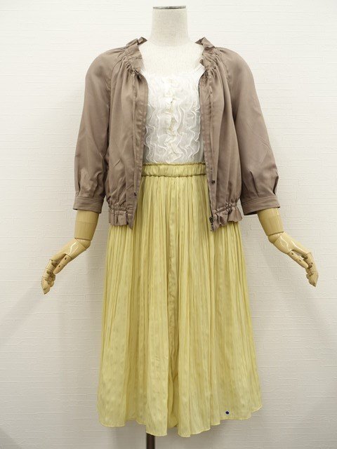 美品 ROPE PICNIC等 七分袖ジャンパー+カットソー+膝丈プリーツスカート コーデ3点セット S相当 茶/白/イエロー系 フェミニン系 20代拍卖