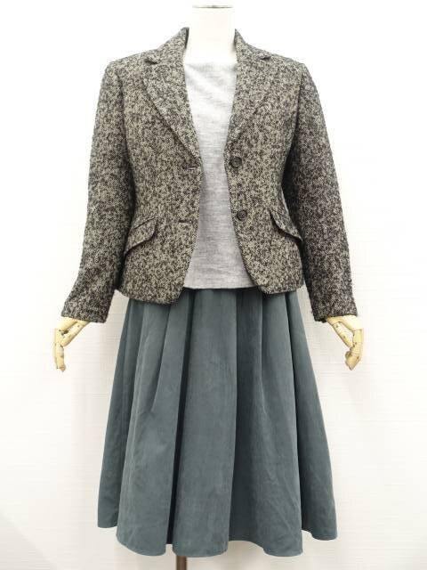 美品 AC DESIGN BY ALPHA CUBIC等 ジャケット+カットソー+スカート コーディネート3点セット M相当 ベージュ×黒/灰杢/緑 シンプル系 20代拍卖