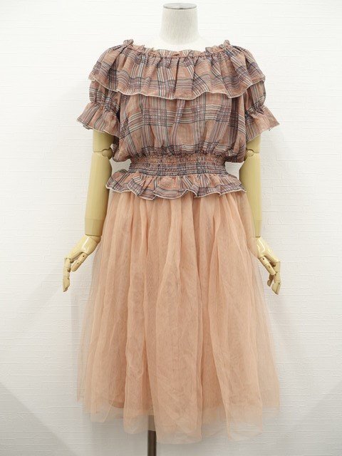 美品 CuCu等 五分袖2wayブラウス+ロング丈チュールギャザースカート コーデ2点セット M 赤系 グレンチェック/オレンジ系 ガーリー系 20代拍卖