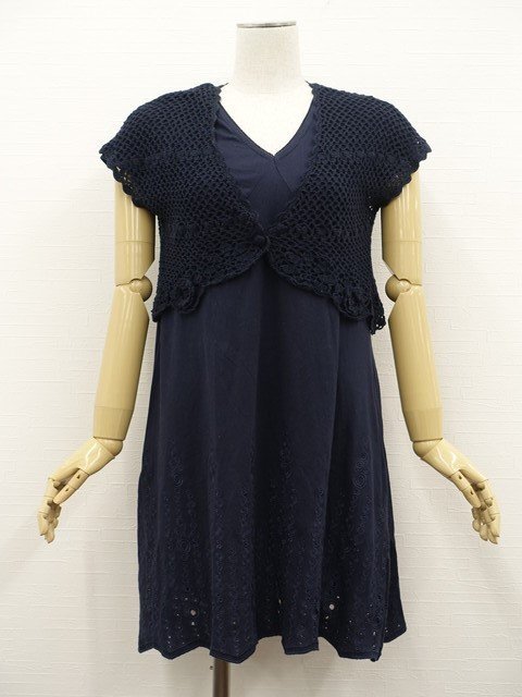 美品 Simplicite等 半袖ニットカーディガン+膝丈ワンピース コーディネート2点セット M相当 ネイビー ナチュラル・ガーリー 30~40代拍卖