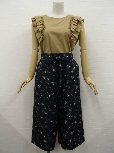 美品 Priority等 洗える ノースリーブカットソー+ワイドパンツ コーディネート上下2点セット M相当 茶/紺地 白×黄 花柄 ガーリー系 20代拍卖