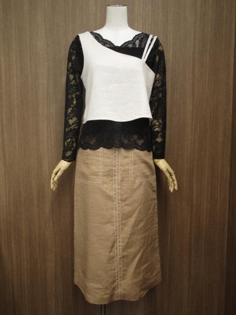 美品 LOWRYS FARM等 ビスチェ+長袖レースカットソー+ロング台形スカート コーデ3点セット M相当 ベージュ/黒/茶系 カジュアル系 20代・30代拍卖