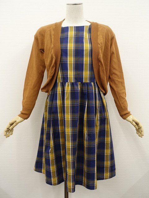 美品 index等 ニットカーディガン+膝丈ノースリーブワンピース コーディネート2点セット M相当 茶/ネイビー系 チェック きれいめ系 20代拍卖