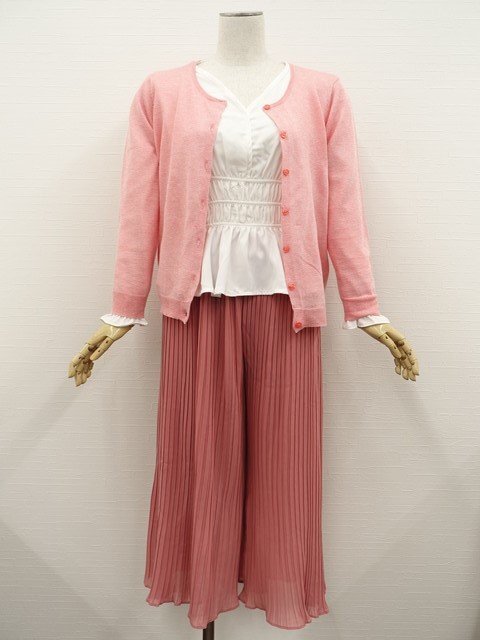 美品 ikka等 長袖ニットカーディガン+長袖POブラウス+ストレートパンツ コーディネート3点セット M相当 ピンク系/白 きれいめ系 20代拍卖