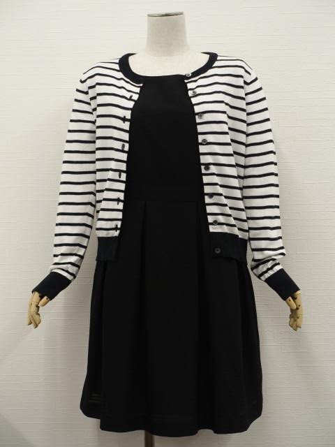 美品 LOWRYS FARM等 長袖ニットカーデ+膝丈ワンピ コーデ2点セット L相当 黒白 ボーダー/黒 ボーダー きれいめ・シンプル系 20代・30代拍卖