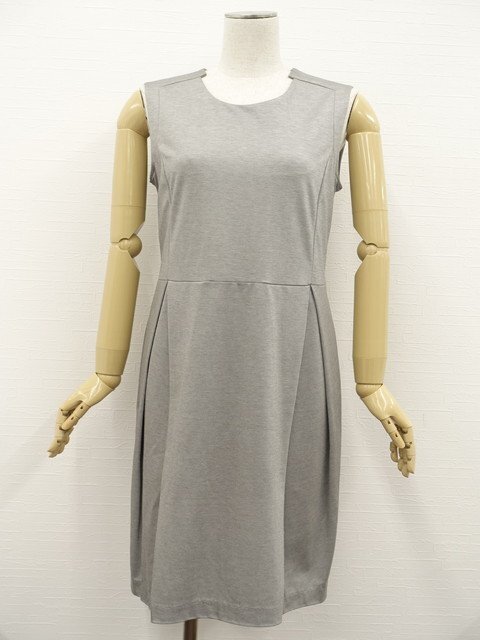 美品 リョウコキクチ RYOKO KIKUCHI ひざ丈 Uネック アンダードレス付きノースリーブワンピース 40 グレー杢 【メール便可】拍卖