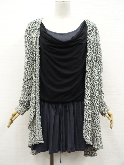 美品 FOREVER21等 長袖カーディガン+ひざ丈フェイクレイヤードワンピース コーデ2点セット L 黒白MIX/黒×グレー クール系 30代~40代拍卖
