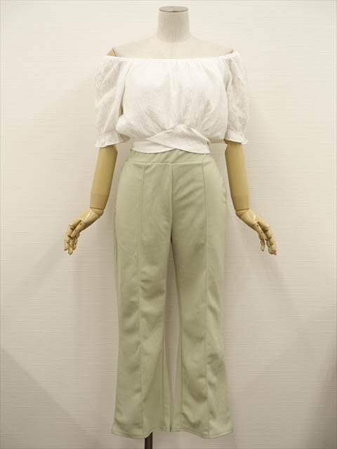 美品 shang Pinなど 半袖ブラウス+ストレートパンツ コーディネート2点セット M相当 ホワイト/パステルグリーン系 フェミニン系 20代~30代拍卖