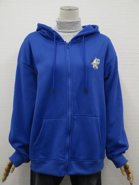 美品 ドロップショルダー 長袖 ジップアップパーカー L ブルー地 ホワイト×ブラック×グレー 猫拍卖