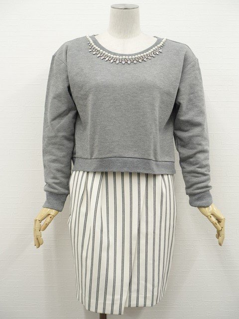 美品 CRYX等 長袖カットソー+ひざ丈ラップ風スカート コーディネート2点セット M相当 グレー杢/白地 グレー ストライプ ガーリー系 20代拍卖