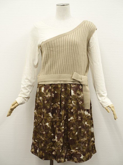 美品 Lellirinoなど ワンショルダーベスト+カットソー+膝丈スカート コーデ3点セット M相当 ベージュ/白系/茶系 花 フェミニン系 20代拍卖
