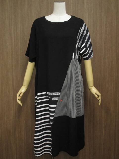 美品 Yicai fashion ひざ丈 五分袖 ラウンドネック ワンピース ブラック地 グレー×ホワイト ボーダー柄&ストライプ柄拍卖