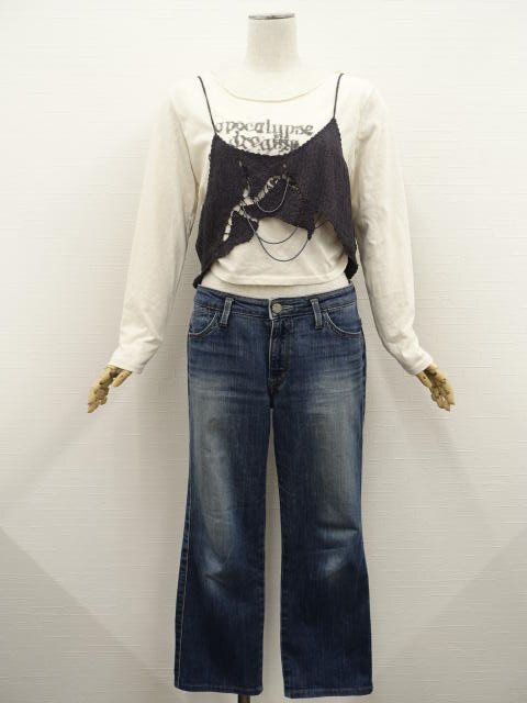 美品 ville d'azur等 キャミソール+長袖カットソー+デニムストレートパンツ コーデ3点セット L相当 黒系/アイボリー 英字/青 クール系 20代拍卖
