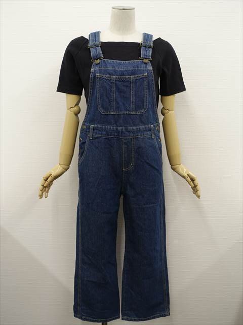美品 SHARE PARK等 洗えるデニムーバーオール+五分袖カットソー コーディネート2点セット S相当 ブルー/ブラック カジュアル系 20代~拍卖
