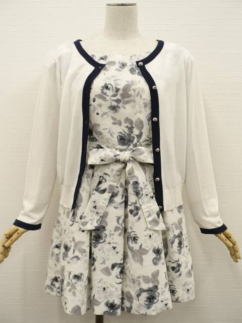 美品 ROPE PICNIC等 長袖ニットカーディガン+膝丈ノースリーブワンピ コーデ2点セット M 白/白地 花 きれいめ・フェミニン系 30代・40代拍卖