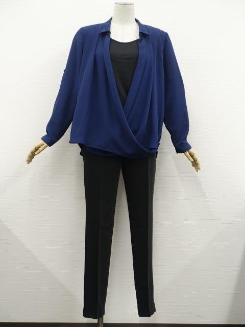 美品 AZUL by moussy&JILI等 長袖ブラウス+タンクトップ+スラックス コーディネート上下3点セット L相当 紺/黒 シンプル系 30~40代拍卖