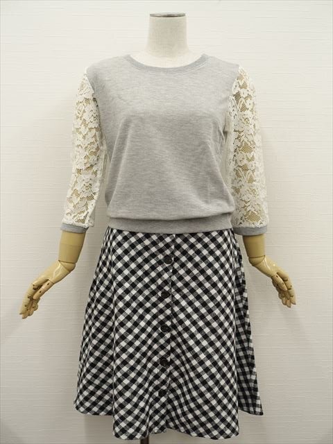 新品タグ付 C.D.S. BASIC&PARK GIRL 洗える カットソー+スカート コーデ2点セット M相当 灰×白 花柄/黒×白 チェック カジュアル系 20代拍卖