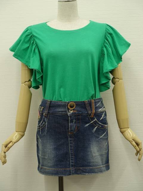 美品 ZARA等 カットソー+デニムスカート コーディネート上下2点セット S相当 緑/青系地黄系×ピンク系×オレンジ 花刺繍 カジュアル系 20代拍卖
