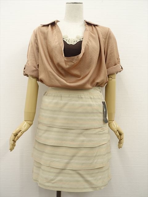 美品 Karl Park Lane等 ブラウス+スカート コーデ上下2点セット+おまけキャミソール M相当 茶系/緑系地 ボーダー きれいめ系 30代~40代拍卖