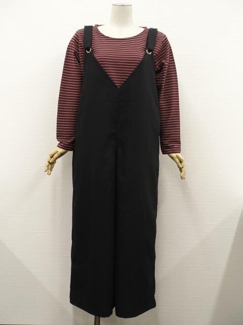 美品 GLOBAL WORK等 オールインワン+長袖カットソー コーディネート2点セット L相当 黒/赤茶×ベージュ ボーダー カジュアル系 20代~拍卖